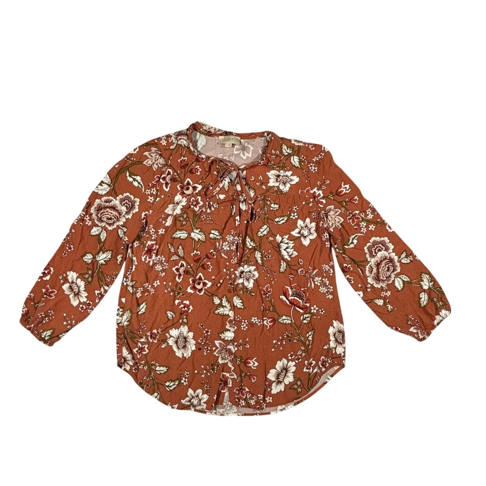 LOFT Outlet Women Orange Floral Rayon Split Neck Tie Blouse Top Small 475411